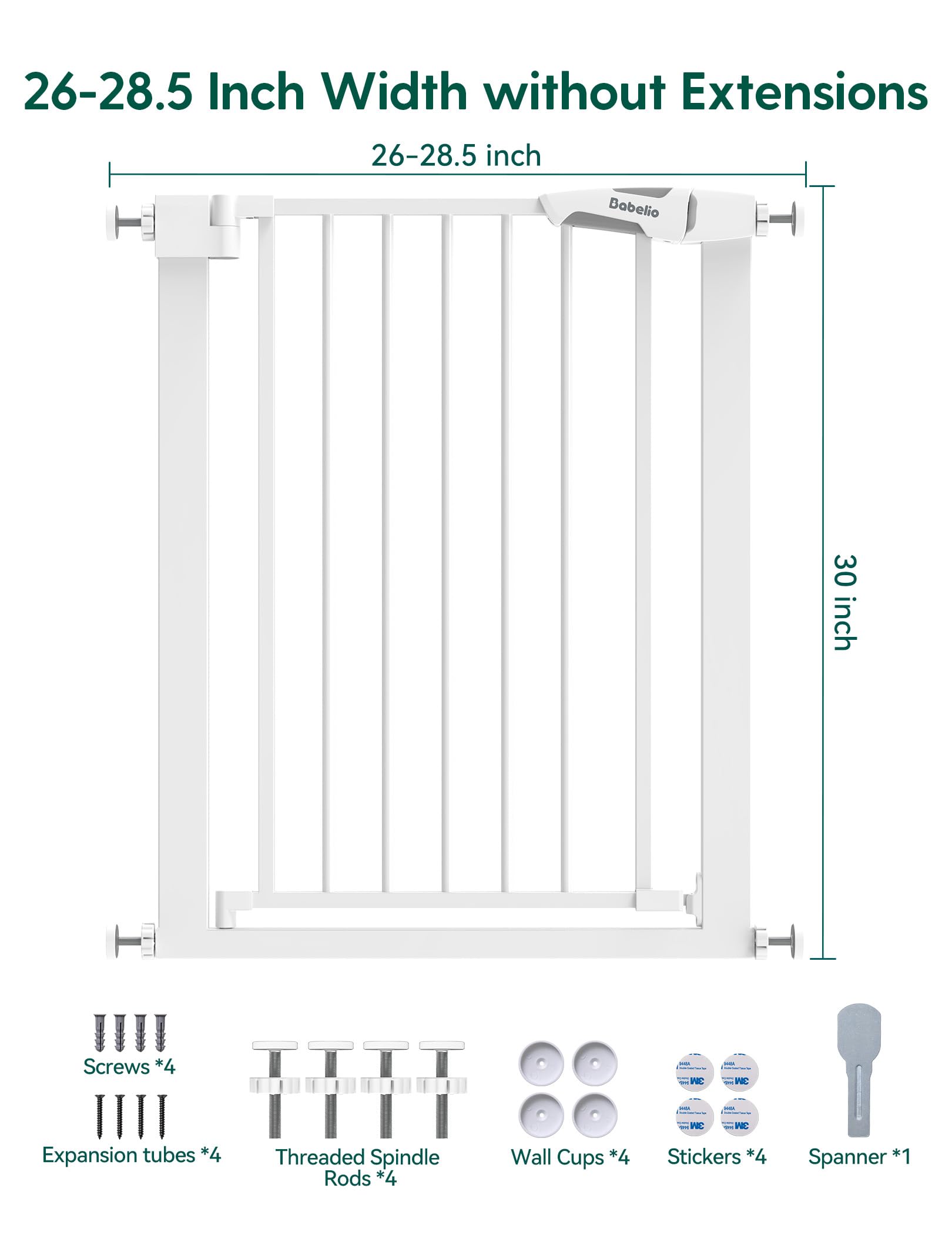 BABELIO 26-28.5 Inch Narrow Easy Install Baby Gate, 30 Inch Tall Auto-Close Metal Pet Gate for Small Stairs and Doorways, NO Drilling Pressure Mounted, NO Extensions, White - Image 4