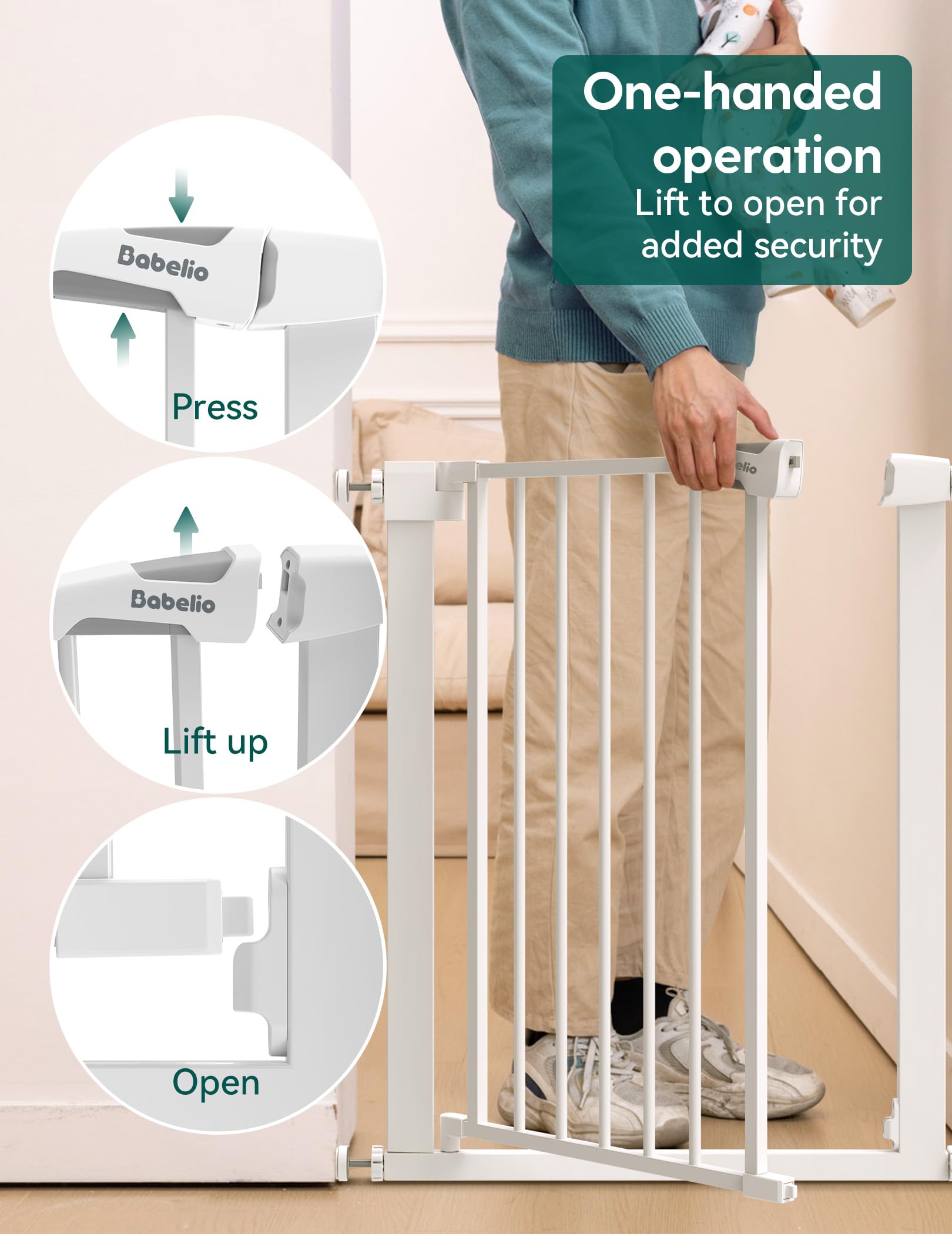 BABELIO 26-28.5 Inch Narrow Easy Install Baby Gate, 30 Inch Tall Auto-Close Metal Pet Gate for Small Stairs and Doorways, NO Drilling Pressure Mounted, NO Extensions, White - Image 6