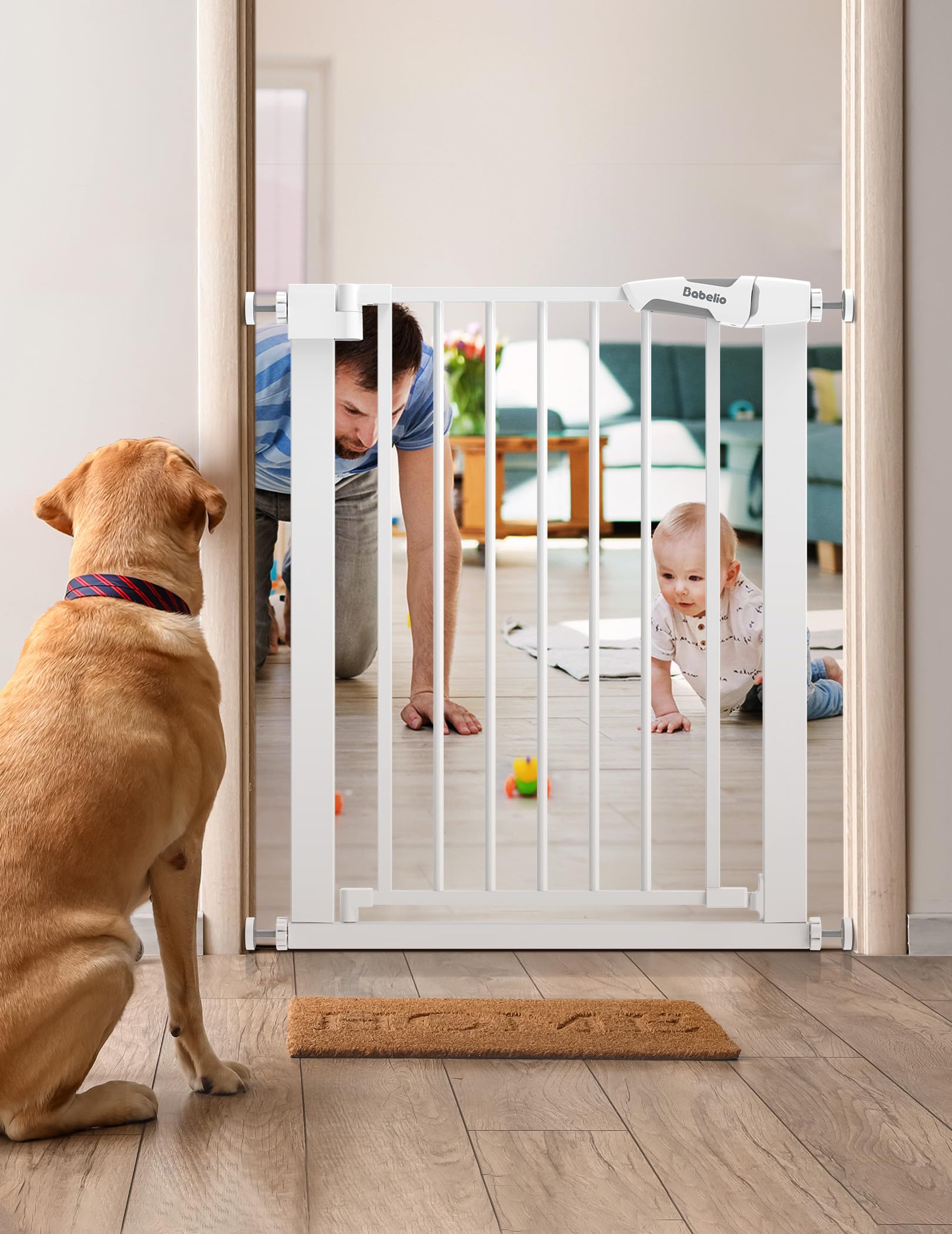BABELIO 26-28.5 Inch Narrow Easy Install Baby Gate, 30 Inch Tall Auto-Close Metal Pet Gate for Small Stairs and Doorways, NO Drilling Pressure Mounted, NO Extensions, White - Image 7