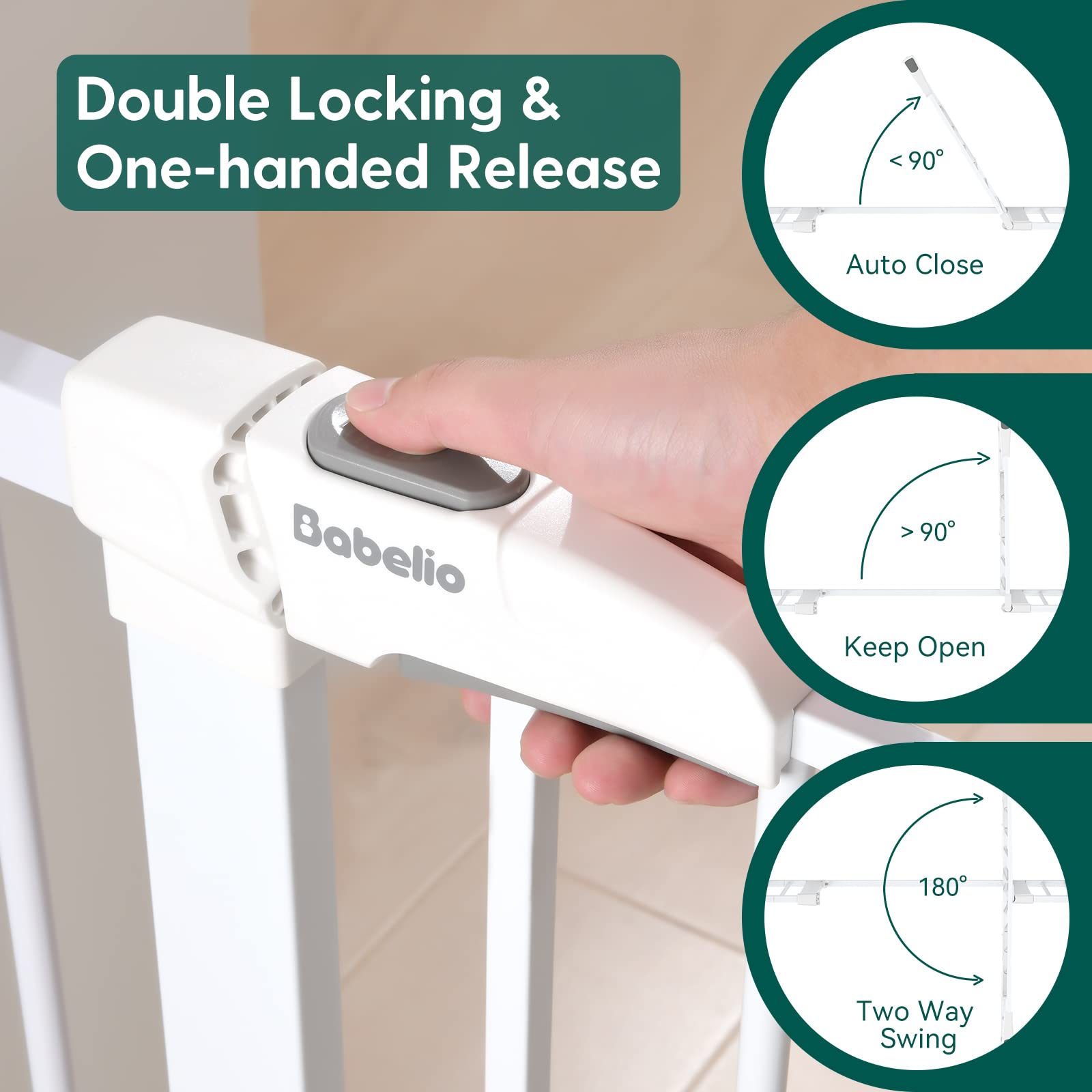 BABELIO 29-55 Inch Extra Wide Metal Baby Gate and 26-40 Inch Easy Install Baby Gate, Dog Gate Pet Gate for Stairs & Doorways,No Tools Required (White) - Image 6