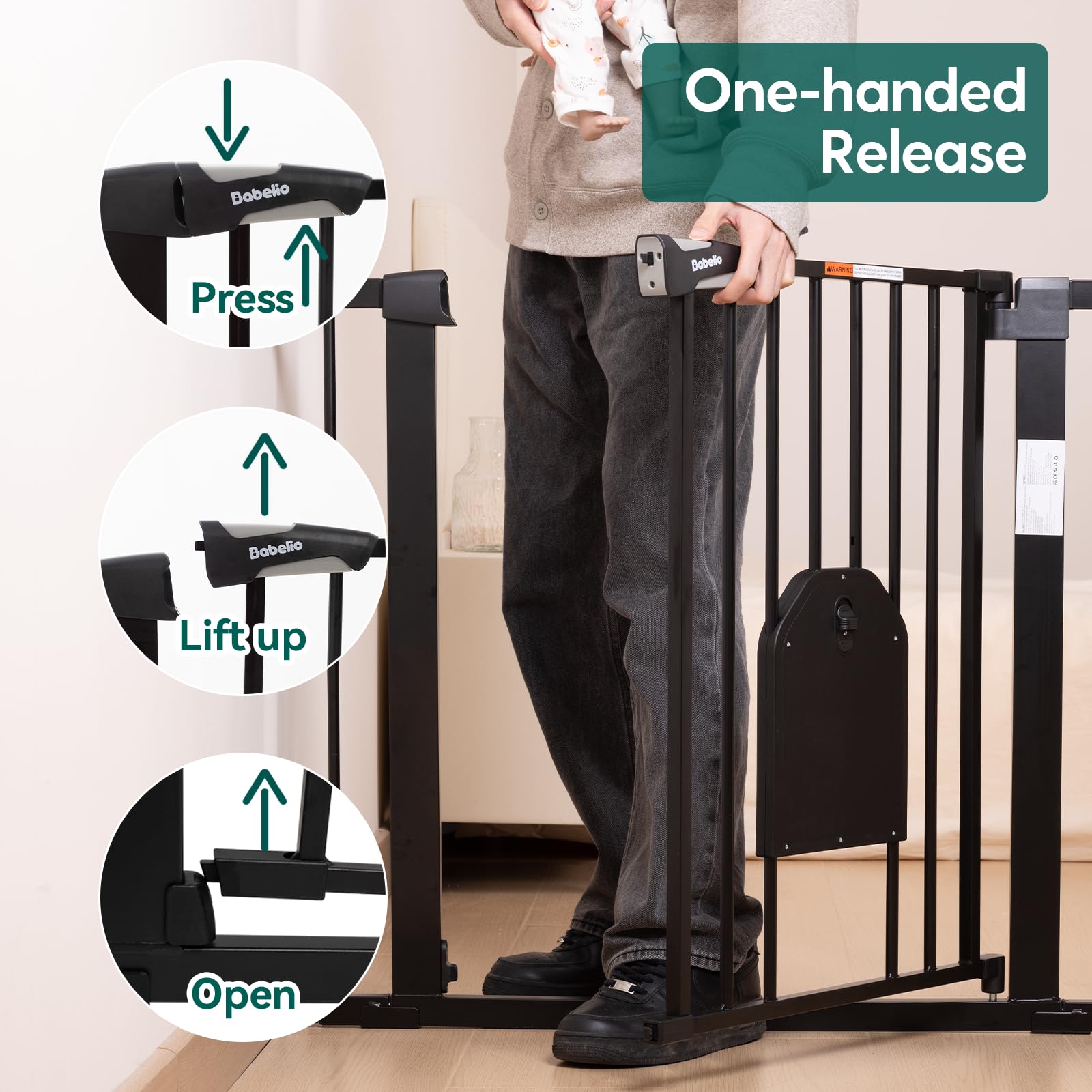 Babelio Auto Close Baby Gate with Cat Door,29-43" Metal Gate for Doorway,Stairs, House,Easy Walk Thru with Pet Door,Includes 4 Wall Cups and 3 Extension Pieces,Black - Image 3