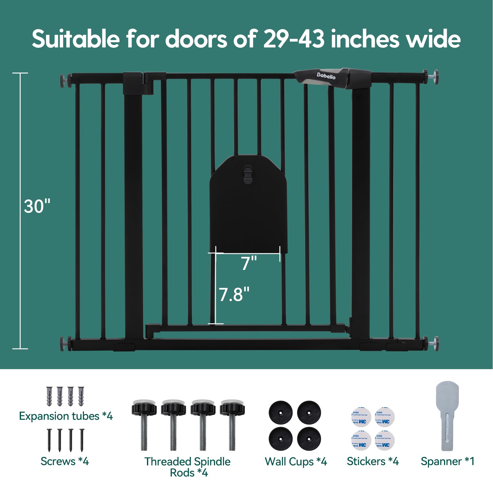 Babelio Auto Close Baby Gate with Cat Door,29-43" Metal Gate for Doorway,Stairs, House,Easy Walk Thru with Pet Door,Includes 4 Wall Cups and 3 Extension Pieces,Black - Image 5