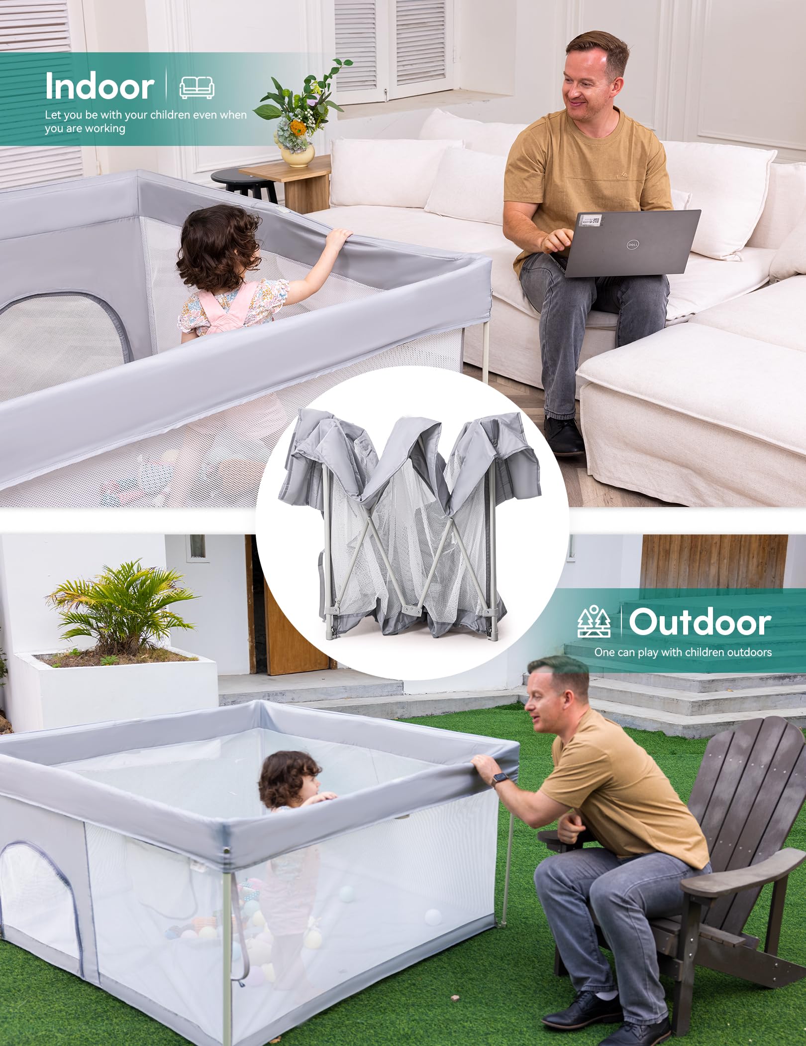 Babelio Foldable Baby Playpen with Mat, 46" × 46" Portable Playard for Babies and Toddlers, Parents' Picks Awards Winner, Indoor & Outdoor Kids Safety Play Pen Area, Travel Fence, Grey - Image 3