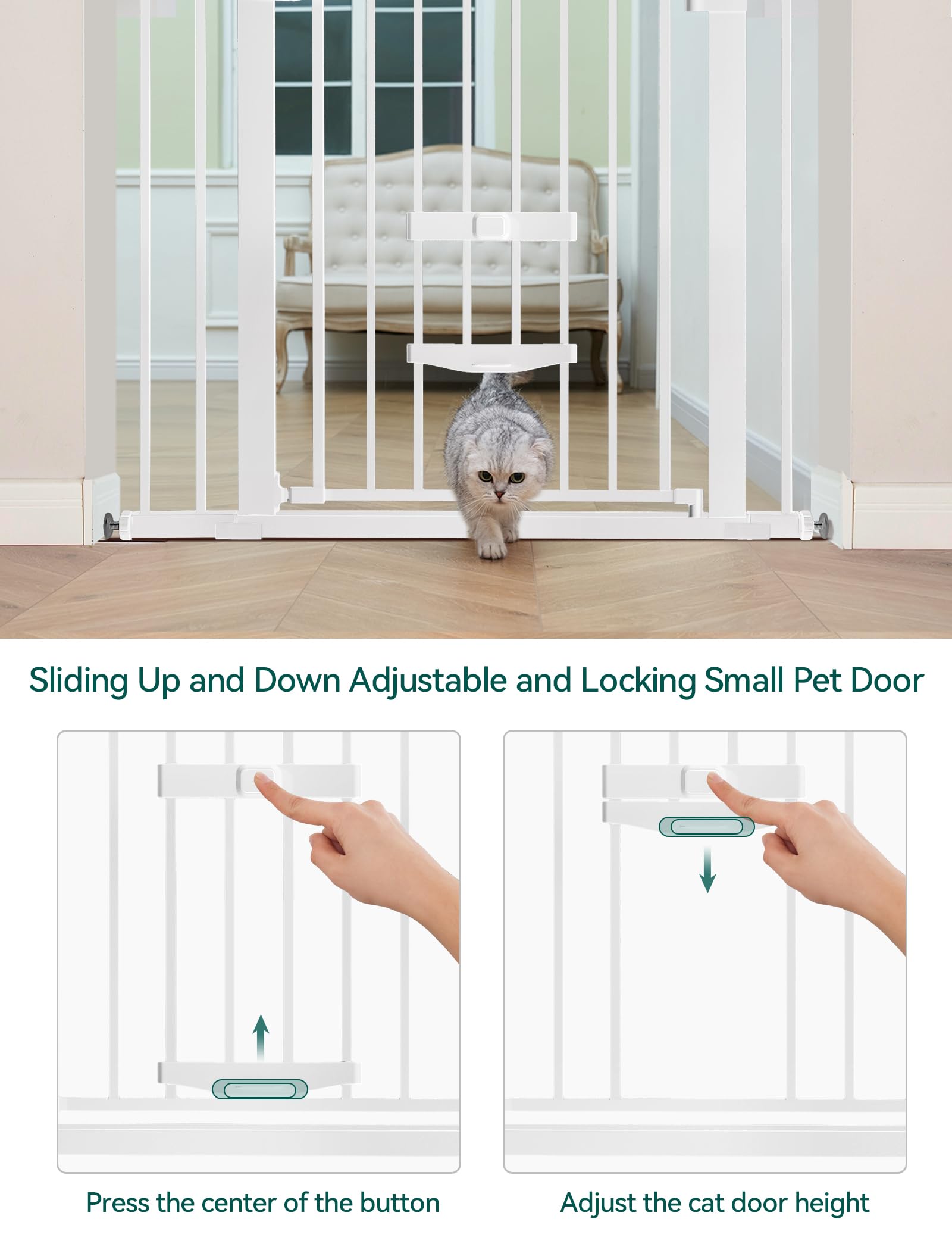 BABELIO New Version Baby Gate with Cat Door Adjustable,29-40" Metal Pet Door for Stairs & Doorways,Pressure Mounted,No Tools Needed,White - Image 3