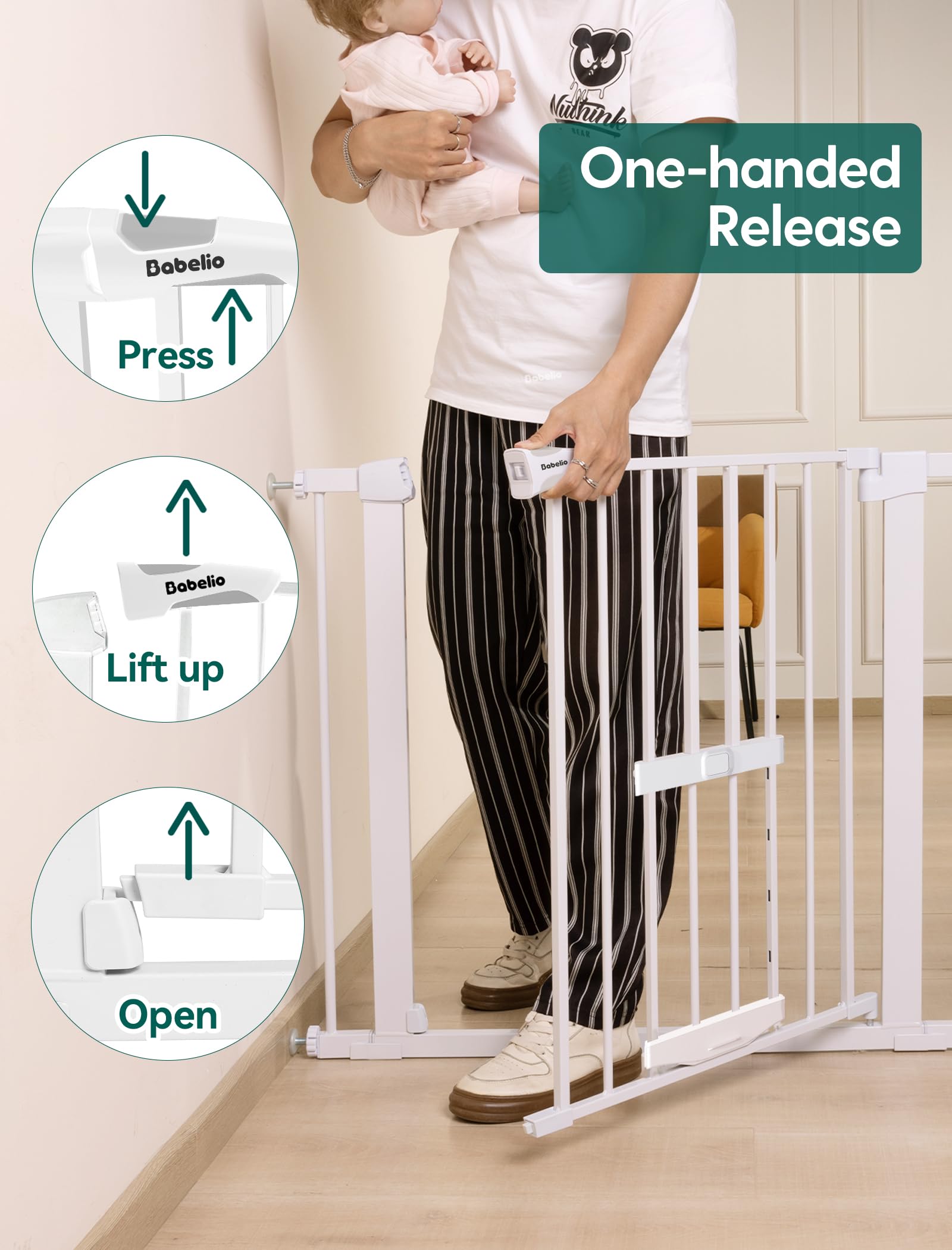 BABELIO New Version Baby Gate with Cat Door Adjustable,29-40" Metal Pet Door for Stairs & Doorways,Pressure Mounted,No Tools Needed,White - Image 4