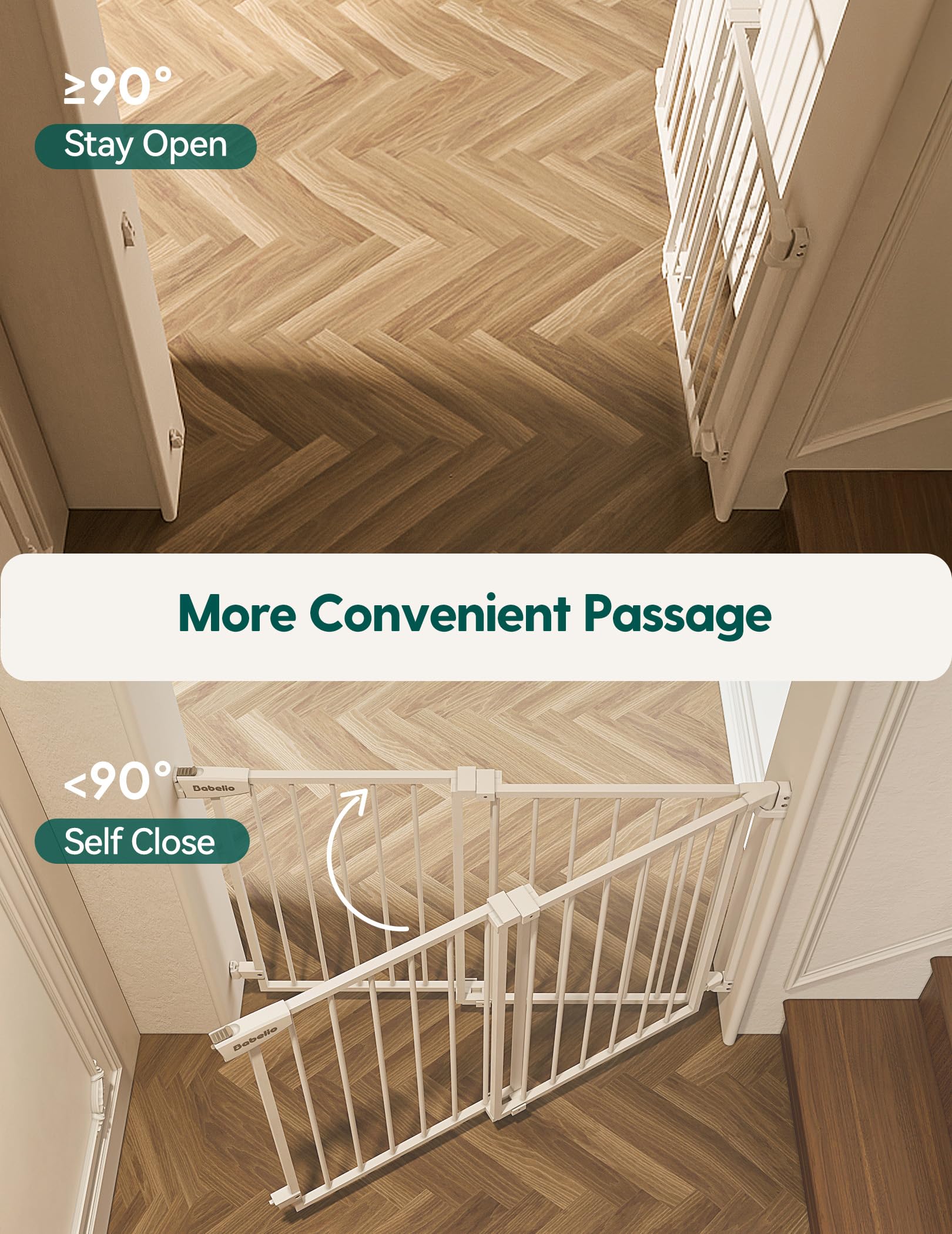 Babelio No Bottom Bar Baby/Dog/Pet Gate for Stairs, Auto Close Safety Gates with Large Walk Thru Door, Hardware Mount (2 Pcs) - Image 4