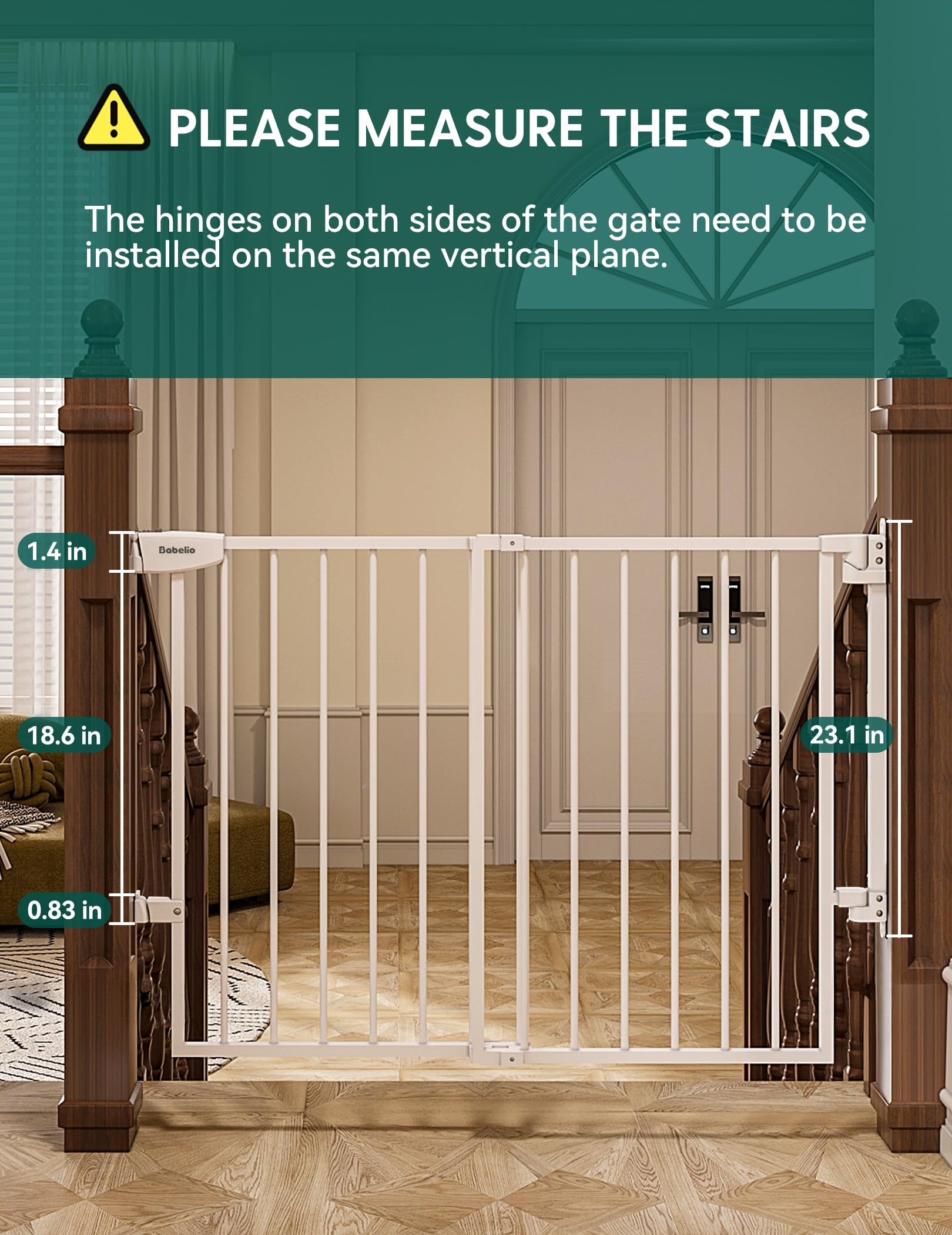 Babelio No Bottom Bar Baby/Dog/Pet Gate for Stairs, Auto Close Safety Gates with Large Walk Thru Door, Hardware Mount (2 Pcs) - Image 5