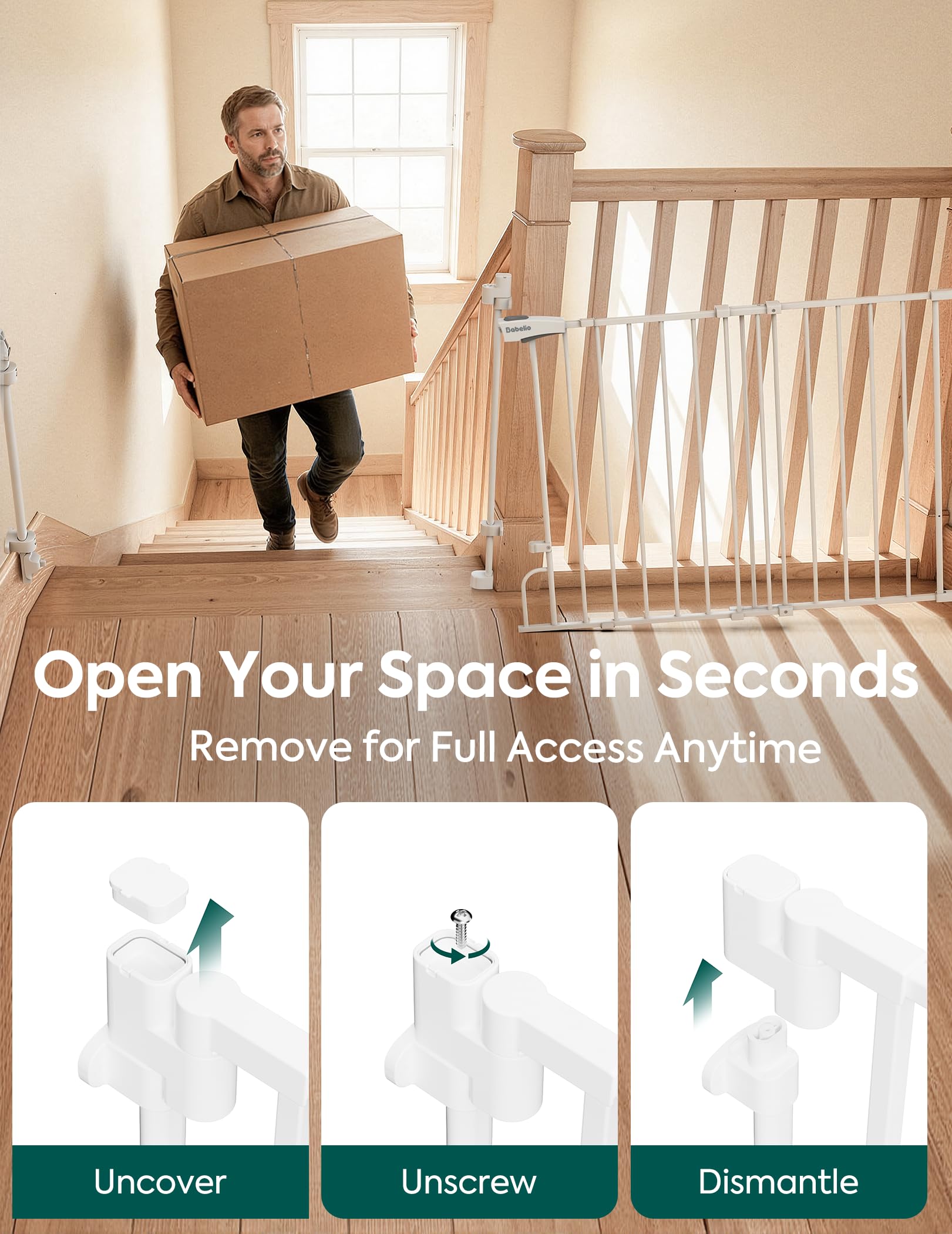 Babelio Removable & No Bottom Bar Baby Gate, 35.5-55" Hardware Mounted (Drill Needed)| Wide Walk-Thru| Auto-Close Safety Dog/Pet Gate for Stairs & Doorways (White, 35.5-55" W, 30" H) - Image 4