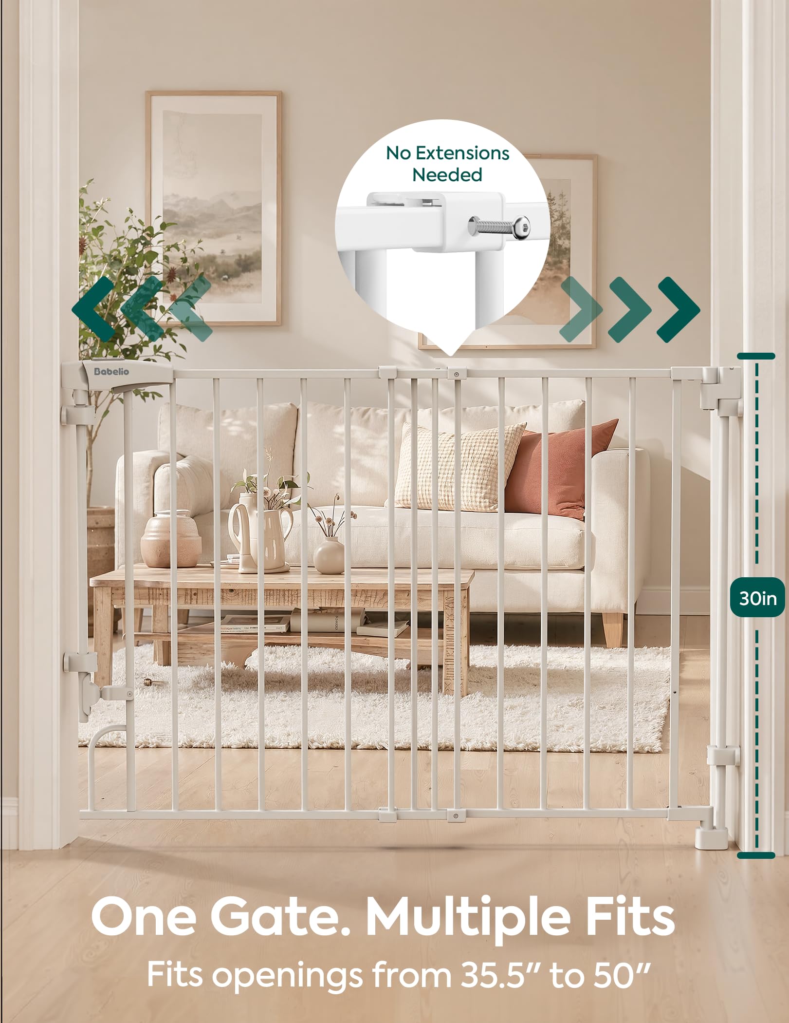 Babelio Removable & No Bottom Bar Baby Gate, 35.5-55" Hardware Mounted (Drill Needed)| Wide Walk-Thru| Auto-Close Safety Dog/Pet Gate for Stairs & Doorways (White, 35.5-55" W, 30" H) - Image 7