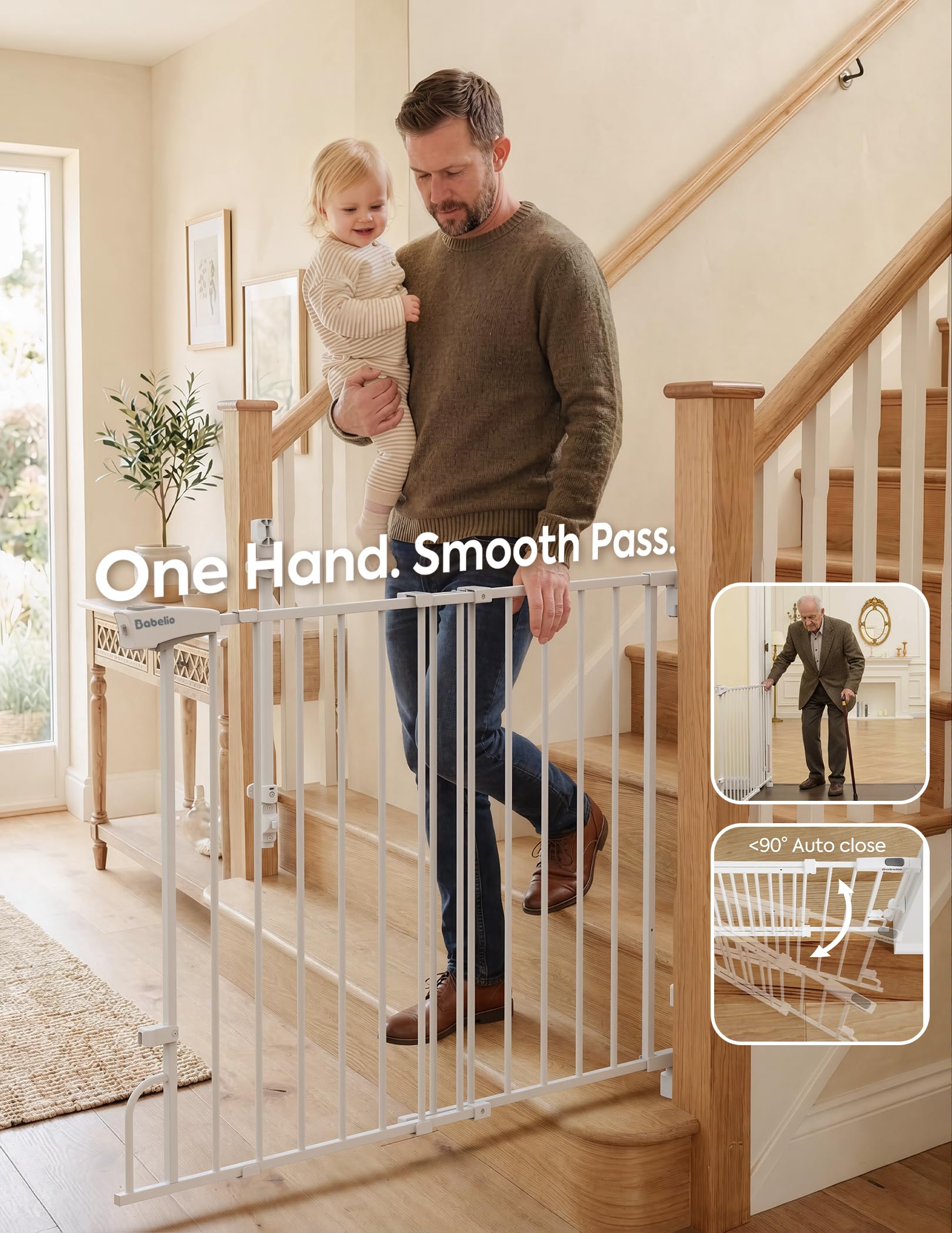 Babelio Removable & No Bottom Bar Baby Gate, 35.5-55" Hardware Mounted (Drill Needed)| Wide Walk-Thru| Auto-Close Safety Dog/Pet Gate for Stairs & Doorways (White, 35.5-55" W, 30" H) - Image 8