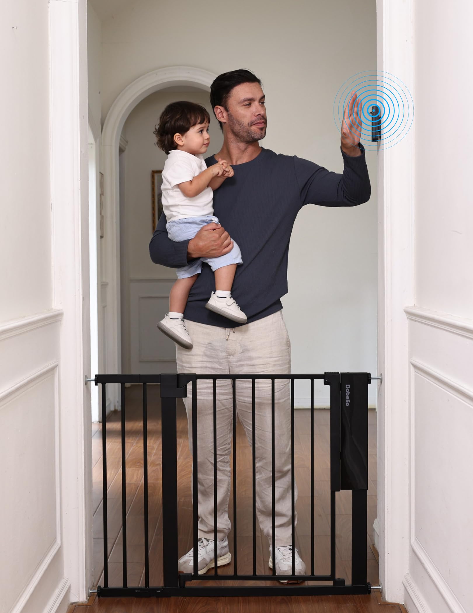 Babelio Smart Baby Gate with Auto-Unlock/Close, Pressure Mounted No Drill for Doorways/Top of Stairs. Pet/Dog Door Wide Walk Thru w/Infrared Sensor & Safety Alert (Black, 26.3-37.8" W, 30" H)