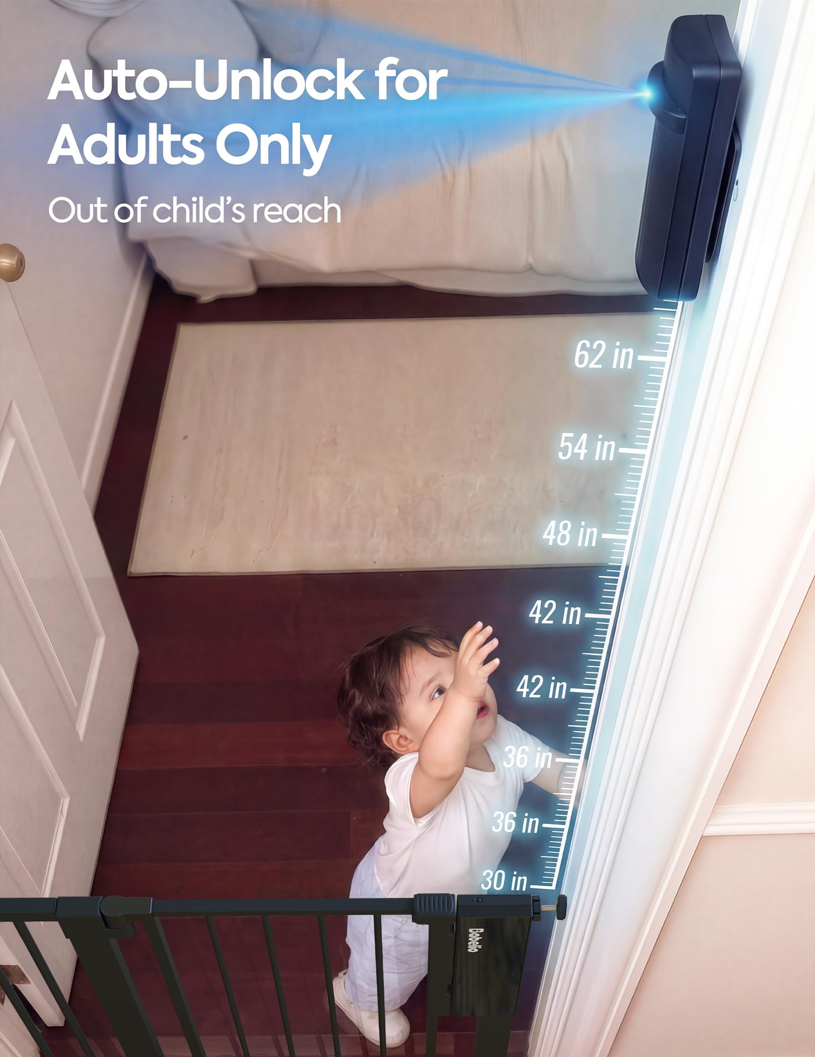 Babelio Smart Baby Gate with Auto-Unlock/Close, Pressure Mounted No Drill for Doorways/Top of Stairs. Pet/Dog Door Wide Walk Thru w/Infrared Sensor & Safety Alert (Black, 26.3-37.8" W, 30" H) - Image 3