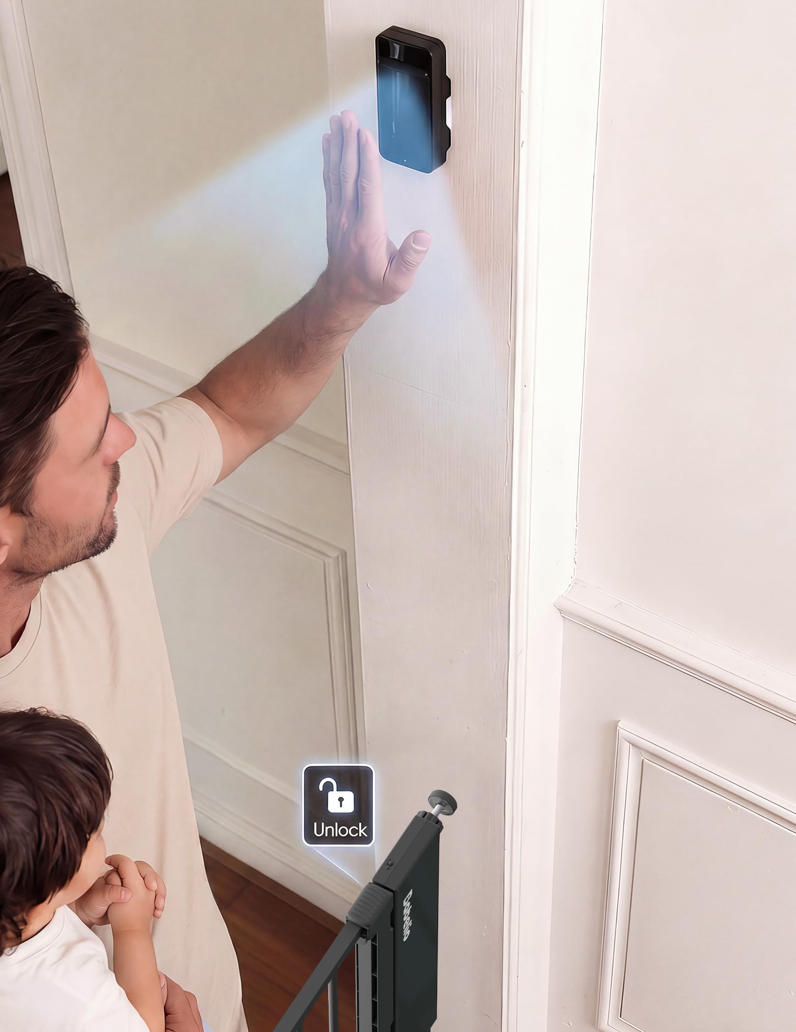 Babelio Smart Baby Gate with Auto-Unlock/Close, Pressure Mounted No Drill for Doorways/Top of Stairs. Pet/Dog Door Wide Walk Thru w/Infrared Sensor & Safety Alert (Black, 26.3-37.8" W, 30" H) - Image 7