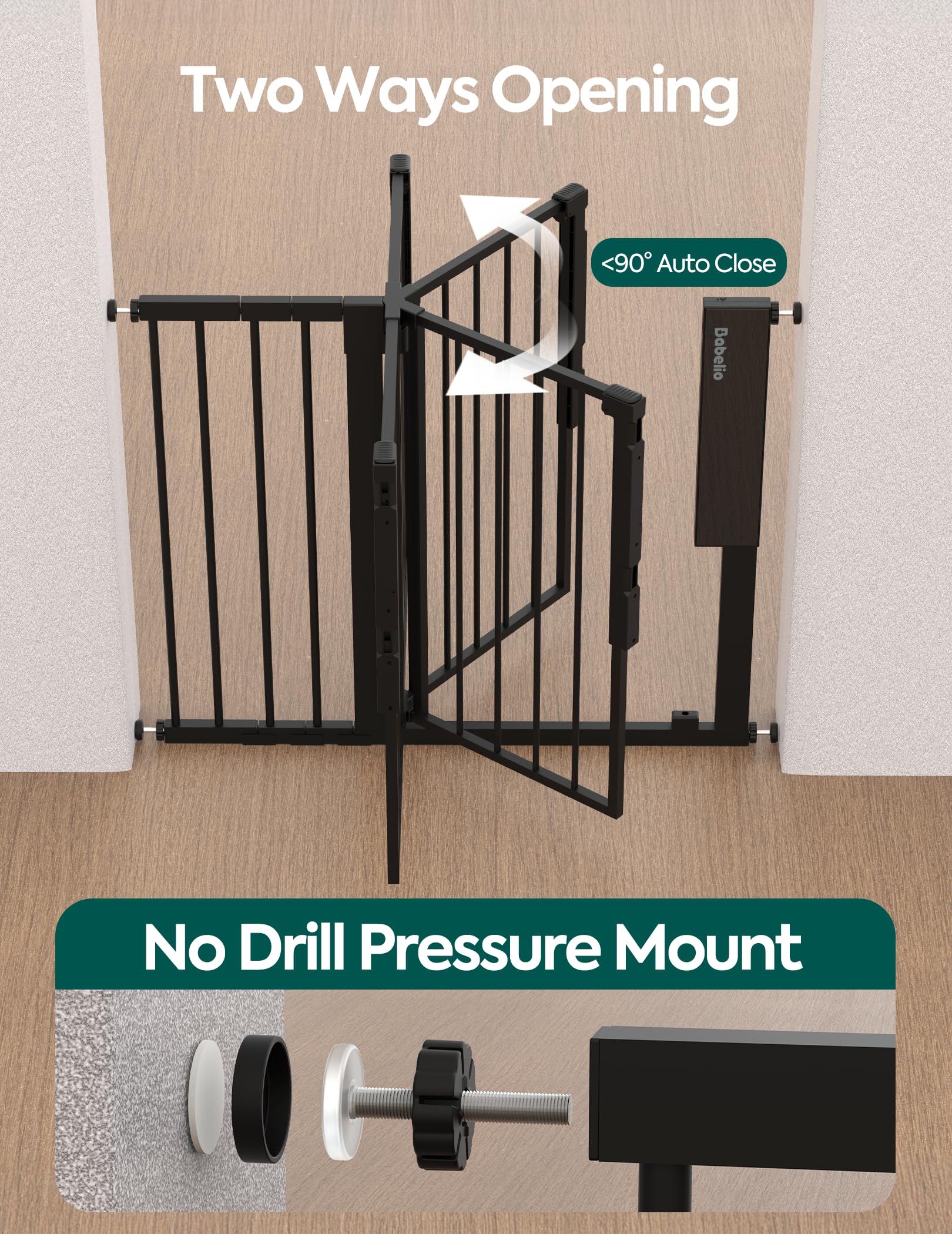 Babelio Smart Baby Gate with Auto-Unlock/Close, Pressure Mounted No Drill for Doorways/Top of Stairs. Pet/Dog Door Wide Walk Thru w/Infrared Sensor & Safety Alert (Black, 26.3-37.8" W, 30" H) - Image 8