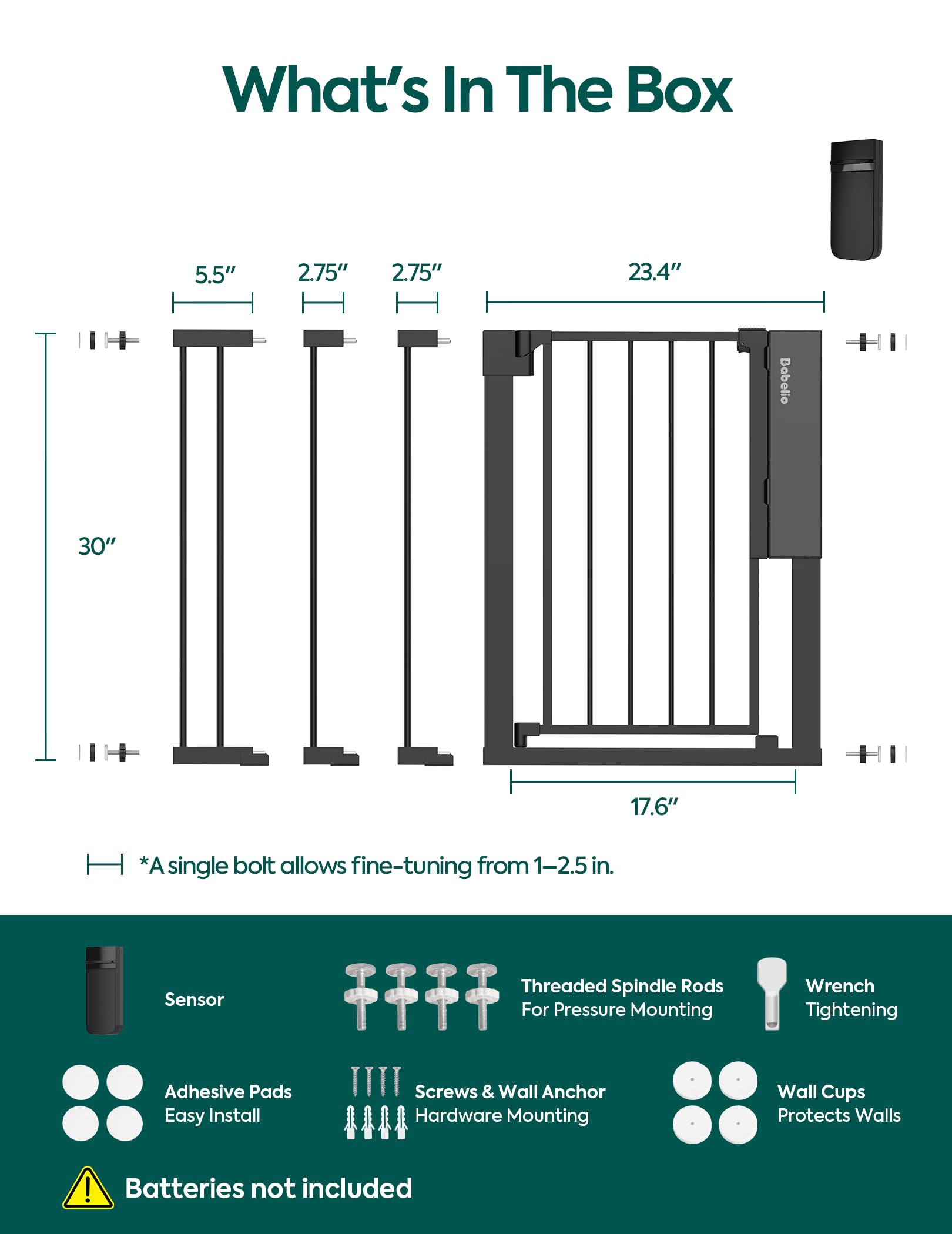 Babelio Smart Baby Gate with Auto-Unlock/Close, Pressure Mounted No Drill for Doorways/Top of Stairs. Pet/Dog Door Wide Walk Thru w/Infrared Sensor & Safety Alert (Black, 26.3-37.8" W, 30" H) - Image 9
