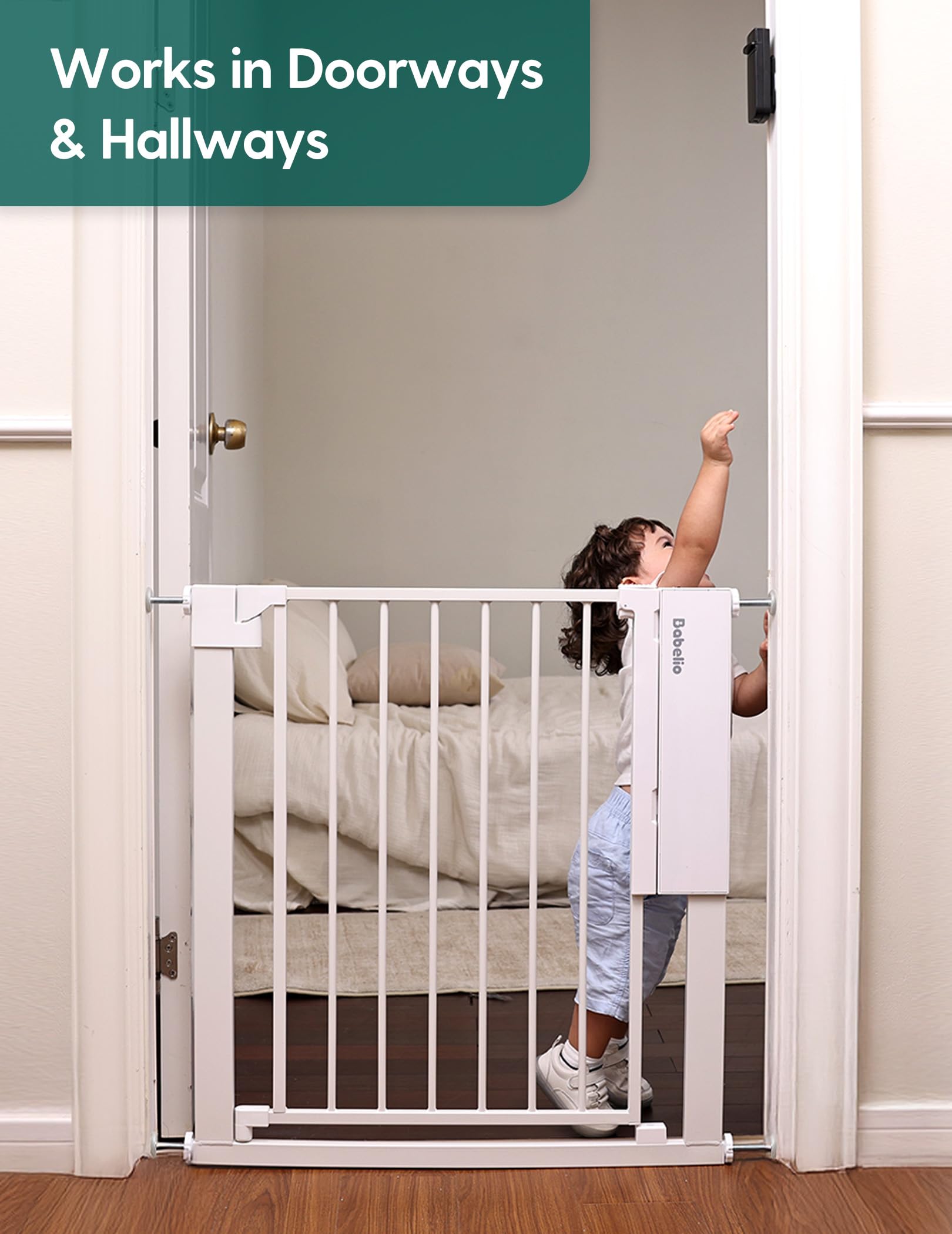 Babelio Smart Baby/Pet Gate & Removable No Bottom Bar Baby Gate (White) - Image 9