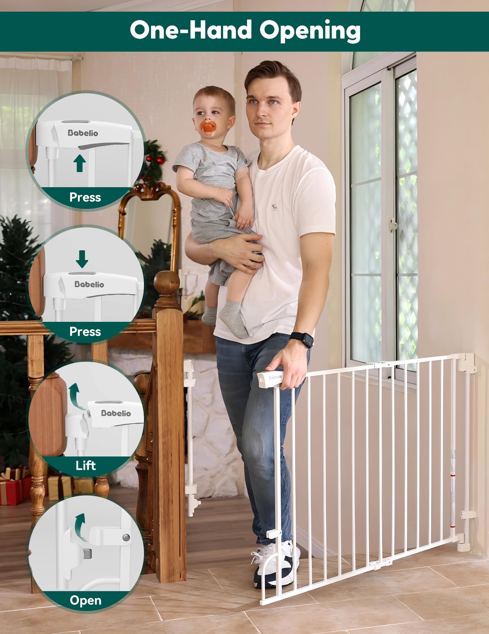 Babelio Smart Baby/Pet Gate & Removable No Bottom Bar Baby Gate (White) - Image 4